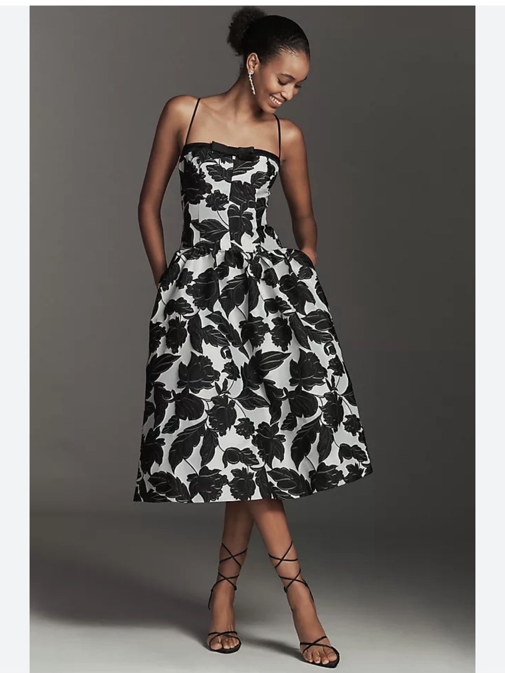 Anthropologie Black and White Floral Jacquard Midi Dress